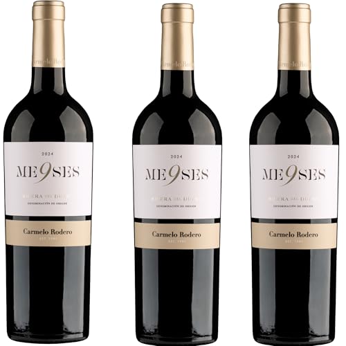 Carmelo Rodero - Vino Tinto 9 Meses | Ribera del Duero | 100% Tempranillo | Crianza en Roble Francés | Aromas de Frutos Rojos y Negros | Botella 750 ml | Cosecha 2024-3 Botellas 75cl
