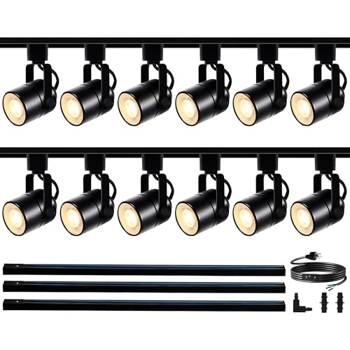 Image of GU10 LED Black Track Lighting Complete Kit, 6000K Cool White, 12 Packs GU10 Dimmable Ceiling Spotlight Fixture with 13.12ft H Type Track Rails, Replaceable 10W LED Bulbs for Home