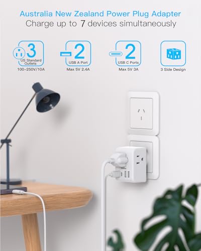 Image of 2 Pack Australia New Zealand Power Plug Adapter, Australia Travel Adapter | Type I Plug Adapter with 3 American Outlets 4 USB Charging Ports (2 USB C) for US to Australia, Argentina, China, New Zealand