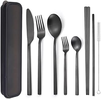 AARAINBOW 6 Pieces Stainless Steel Flatware Set Portable Reusable Cutlery Set Travel Utensils Set Including Chopsticks Knife Fork Spoon Straws Cleaning Brush Dishwasher Safe (B-Black)