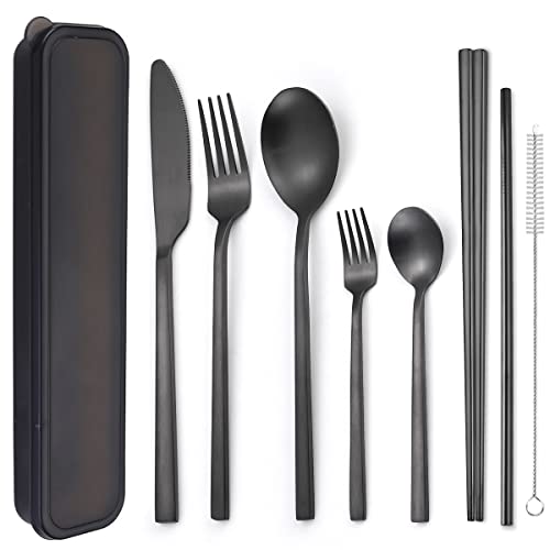 AARAINBOW 6 Pieces Stainless Steel Flatware Set Portable Reusable Cutlery Set Travel Utensils Set Including Chopsticks Knife Fork Spoon Straws Cleaning Brush Dishwasher Safe (B-Black)