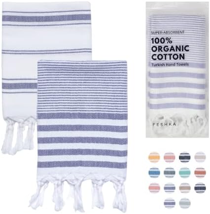 FESHKA Turkish Hand Towels Set of 2-100% Organic Cotton, 18x32 Prewashed Super Absorbent Peshtemal Towel for Hand, Kitchen, Face, Hair, Gym, Dishcloth, Yoga, Tea, Farmhouse Boho Decor (Purple)