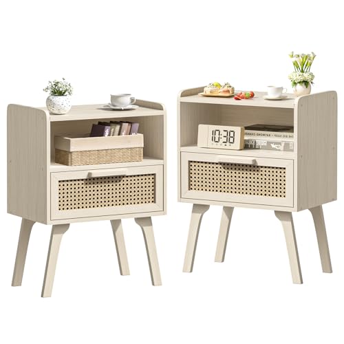Lerliuo Rattan Nightstands Set of 2, Side Table with Drawer Open Shelf, Cane Accent Bedside End Table, Mid Century Modern Night Stand for Bedroom, Dorm and Small Spaces (Grey White)