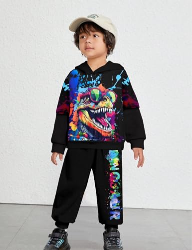 Image of Toddler Boy Clothes Dinosaur Printed Hoodies Toddler Clothes for Boys Long Sleeve Sweatpants Set T-Rex Outfits 3-7t