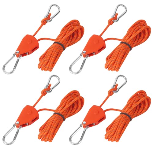 ACOMTUO Abspannseile mit Seilspanner 4m, 4 Stück Zeltschnur mit Spanner, Verstellbarer Seil Ratsche, Seilratsche mit Haken, Einstellbare Ratchet Hanger für Outdoor Camping Sonnensegel (Orange)