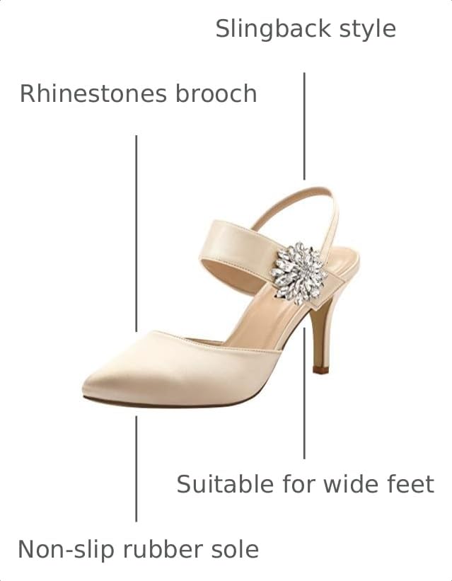 Image of ERIJUNOR Mid Heel Shoes for Women Pointed Toe Slingback Rhinestone Brooch Satin Dress Pumps Evening Prom Wedding Shoes