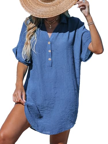 CUPSHE Women Swimsuit Cover Up V Neck Short Sleeve Button Front Beach Coverup Shirt Dress