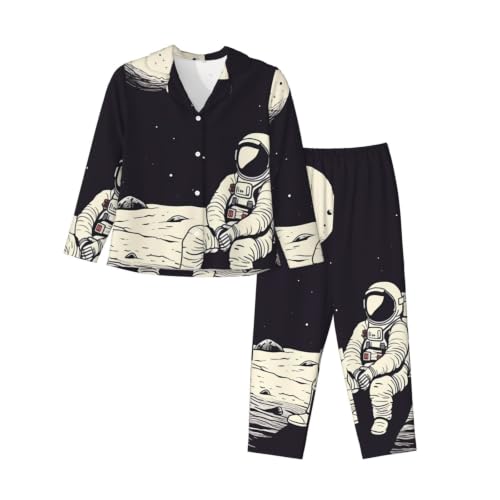 Pyjama classique manches longues boutonné femme astronaute lune noir nuit
