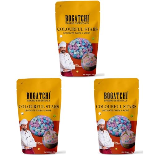 Image of BOGATCHI Colourful Stars Shape Sprinkler for Cake Decoration | Topping for Cake & Other Baking Items| Colored Sugar Confectionary | Cake Decorating Sprinkler |Gluten Free & Vegan |75g (Pack of 3)