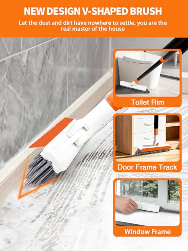 Image of 4-in-1 Baseboard Cleaning Tool with Extendable Handle 5 Reusable Pads 1 Carpet Rake Stiff Bristle Brush Multi-Surface Baseboard Brush for Cleaning Baseboard Wall Carpet Floor Bathroom Kitchen Pet Hair
