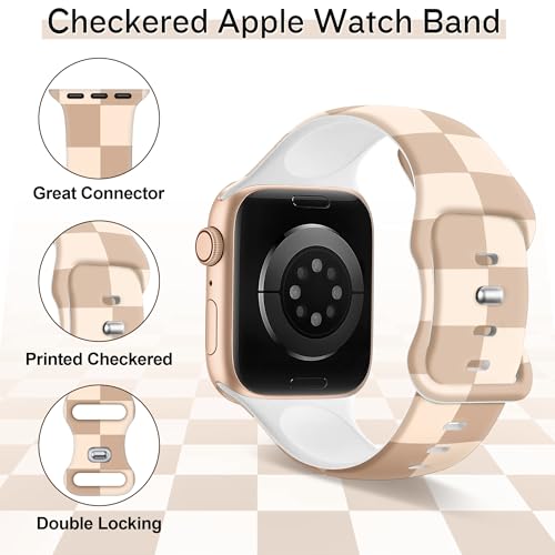 Image of wipalor Checkered Bands for Apple Watch Bands for Women 46mm 45mm 44mm 42mm 49mm, Cute Sport Checkered iWatch Bands Soft Silicone iPhone Watch Bands Series 11 10 9 SE 8 7 6 5 4 3 Ultra-Beige