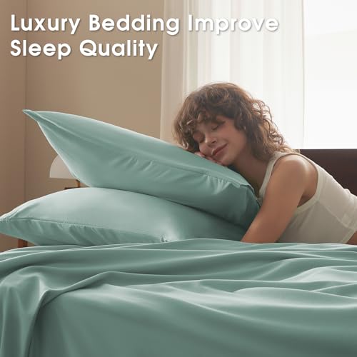 Image of Full Size 4 Piece Sheet Set - Comfy Breathable & Cooling Bed Sheets Set, Soft and Wrinkle Free, Deep Pockets, Easy & Secure Fit, Hotel Luxury Bedding - Oeko-Tex - Spa Blue