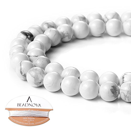 Image of BEADNOVA Natural White Howlite Beads Natural Crystal Beads Stone Gemstone Round Loose Energy Healing Beads with Free Crystal Stretch Cord for Jewelry Making (8mm, 45-48pcs)