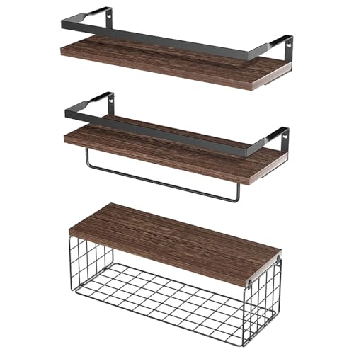 Rudiaoa Juego De Estantes Flotantes Madera con Cesta Almacenamiento Organizadores Versátiles Montaje En Pared para Baño Dormitorio Suministros Cocina Repisas Exhibición para Dormitorio