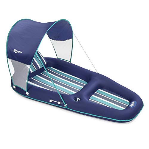 Aqua Ultimate Pool Float Lounger With Upf 50 Canopy And Cupholder – Heavy Duty, Inflatable Pool Lounge For Adults – Navy/Aqua/White Stripe #TOP1
