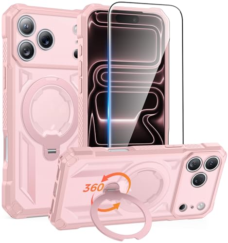 FNTCASE for iPhone 17 Pro-Max Case: [360 Spin Magnetic Ring Kickstand] [Compatible for MagSafe] [Screen Protector] Heavy Duty Military Grade Protection Protective Phone Case with Stand Pink