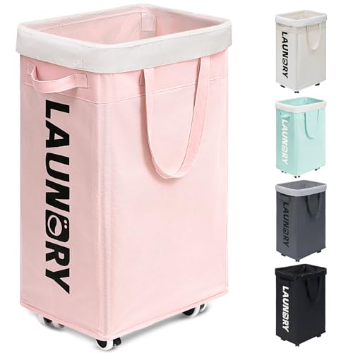 Goodpick Pink Laundry Basket with Wheels, Dorm Room...