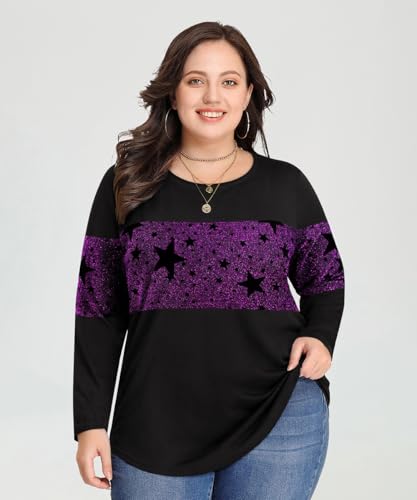 Image of CARCOS Plus Size Tops for Women Color Block Flower /Striped /Camo Crew Neck Long Sleeve Tee Shirt