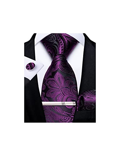 Image of DiBanGu Paisley Ties for Men Silk Necktie and Pocket Square Cufflinks Tie Clip Set Woven Classic Mens Tie for Wedding Party