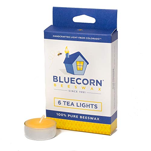 Bluecorn Beeswax 100% Pure Beeswax Tea Lights - Metal Cups (Raw, 6-Pack)