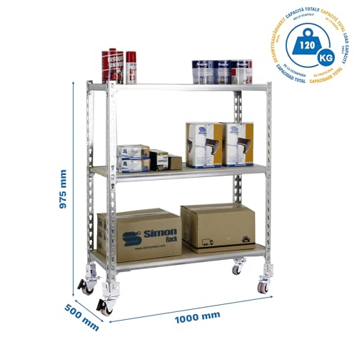 Simon Rack Schwerlastregal mit Rollen, 975x1000x500 mm, Bis 75 kg Belastbar, 3 Verstellbare Ablagen, MDF-Platten, Kellerregal, Lagerregal, Galva/Holz - Maderclick