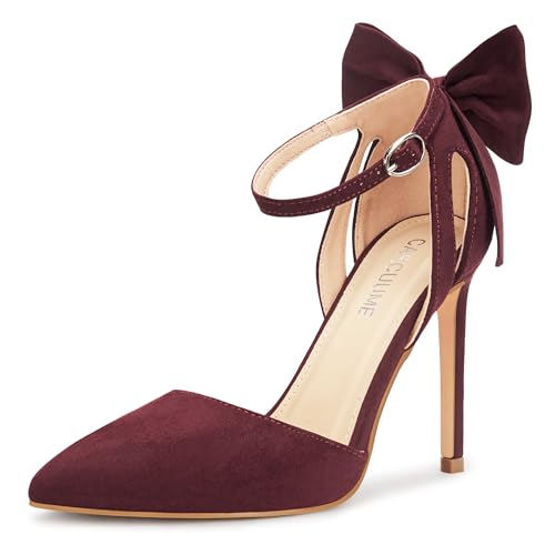 Carcuume Women's Closed Toe Heels Bow Stiletto Heel Sandals Pointed Toe Pumps Wedding Shoes, BELLEOO-Burgundy-8 by Carcuume - Used condition - US$17.32