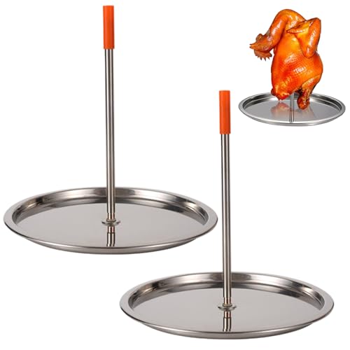CAKEEYUM Confezione da 2 spiedini Verticali in Acciaio Inox con spiedo Rimovibile e leccarda per Pollo Intero, Pesce e Carne | Spiedo Verticale con Design Auto-irrorante, griglia, Acciaio Inox
