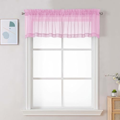 Image of Chyhomenyc Pink Sheer Valances for Windows - Light Filtering Small Kitchen Curtains, Rod Pocket Short Top Window Treatment Decor for Living Room Bathroom Basement, 42Wx16L inches, 2 Panels