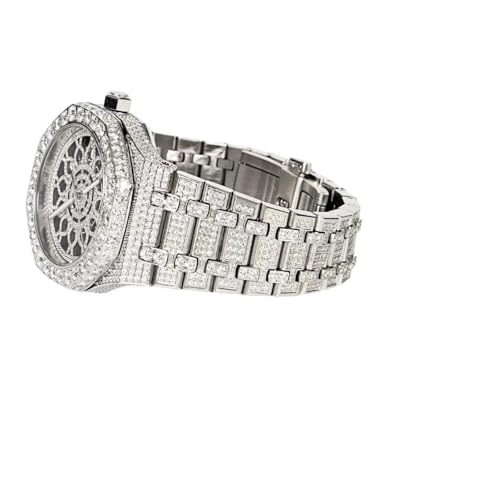 Image of MASTER OF BLING Mens Stainless Steel VS Moissanite Skeleton Dial Octagon Hip Hop Luxury Analog Watch, Silver
