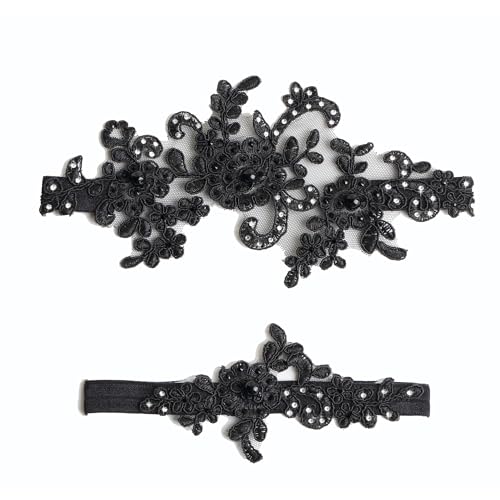 Black Bridal Garter Set Handmade Floral Lace Rhinestone Gothic Wedding After Party Prom