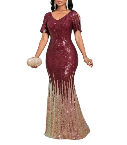 Image of Cololura Women Sexy Elegant Sequin Short Sleeve Party Bodycon Maxi Dress Cocktail Evening Gown Formal Dresses
