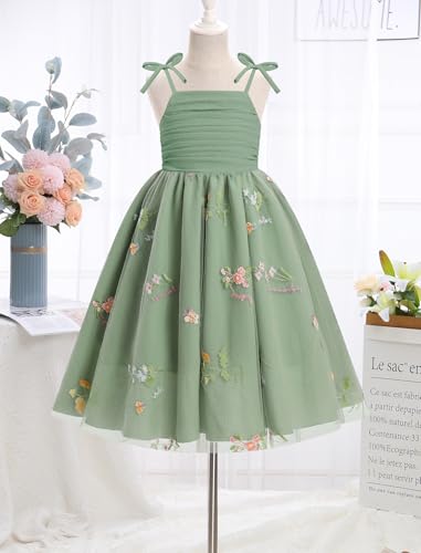 EULIMENE Flower Girl Dress Floral Embroidery Tulle Dress Spaghetti Strap Princess Dresses for Wedding Party Formal Birthday Pageant Dresses for Girls 5-14Y Green — view 4