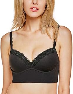 DOBREVA Women's Floral Lace Padded Wirefree Push up Bralette Longline Bra Black 38C