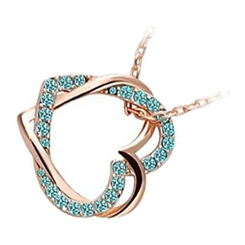 GWG Jewellery Collares Mujer Regalo Collar con Colgante, Chapado en Oro Rosa 18K Pareja de Corazones Entrelazados y Uno Pavimentado con Cristales Azul Verde Simbolo de Amor Mutuo para Mujeres Cover