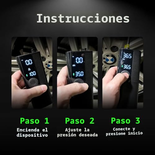 Inflador de neumáticos Airmoto Compresor de aire portátil - Bomba de aire para neumáticos de coche con medidor de presión digital, luz LED y función de apagado automático - Bomba inalámbrica para