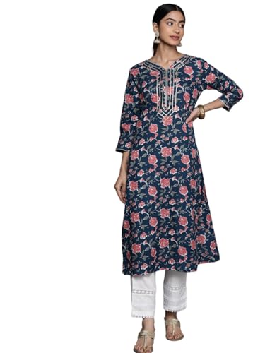 Image of Varanga Women Blue Floral Printed Kurta with V-Neck, Three Quarter Sleeves
