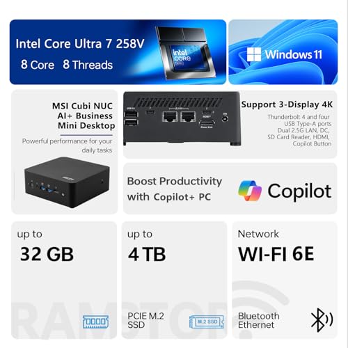 Image of msi Cubi NUC AI+ Business Mini Desktop, Intel Core Ultra 7 258V, 115 Tops AI Copilot+ PC, 32GB LPDDR5X, 2TB SSD, Fingerprint, Support 3-Display 4K, Thunderbolt 4, HDMI, Dual LAN, Wi-Fi 6E, Win 11 Pro