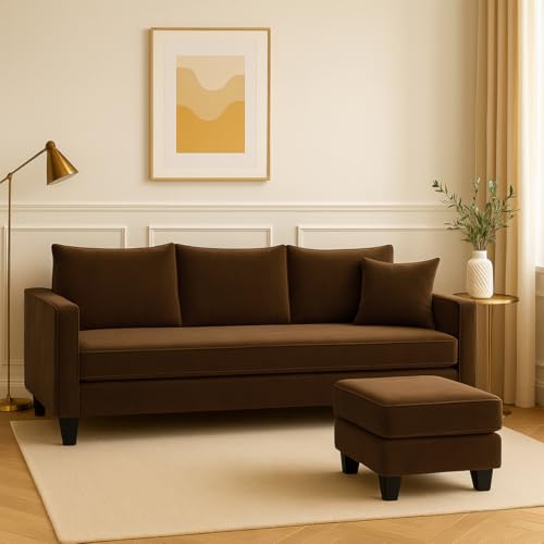 Image of FURNY Conva 4 Seater L Shape Sofa Set with Movable Ottoman | Flexible Left or Right Layout | Plush Velvet Fabric (Dark Brown) | Perfect for Living Room, Guest Room & Office