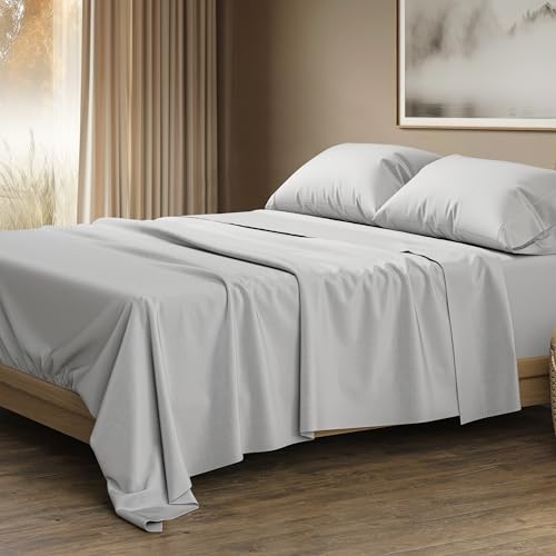 Image of THREAD SPREAD 100% Egyptian Cotton Sheets California King Size - 1500 Series Cal King Sheets Egyptian Cotton (4 PC, Light Grey), Silky Soft, Sateen Weave, Cooling & Breathable, 17 inch Deep Pocket Bed Set