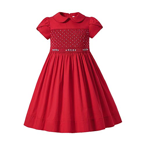 Pettigirl Girls Christmas Embroidery Short Sleeve Smock Clothing Birthday Party Fancy Toddler Red Casual Smocked Dresses