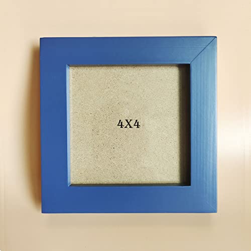 Image of 4x4 Picture Frames Blue Solid Wood Frame, Plastic Panel (Film Needs to be Removed) Table or Wall.Front Window Opening 3.5x3.5 inch.