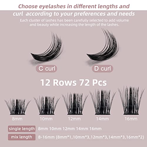 Cluster Lashes QUEWEL 72 Pcs Wide Stem Individual Lashes C/D Curl 8-16mm Length DIY Eyelash Extension False Eyelashes Soft for Personal Makeup Use at Home (natural03-C-10) - Image 2
