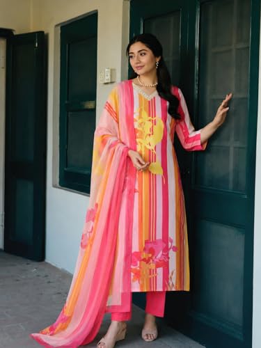 Image of ANNI Designer Cotton Blend Printed Straight Kurta with Pant and Dupatta for Women | Cotton Blend Pink | 3 /4 Sleeve | V-Neck | Ethnic Wear Casual Wear