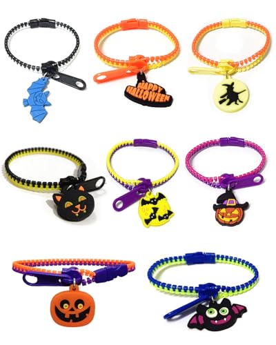 JEXOWIQ 8 pcs Pulseras con Cremallera para Halloween,Regalos de Fiesta para Niños, Juguetes para Aliviar el Estrés, Baratijas y Bolsa de Regalos,Gadgets de Fantasía, Brujas,Calabazas