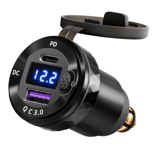 Image of DaierTek Waterproof DIN /Hella USB Charger Adapter,DC QC Powerlet Motorcycle Phone Charger with Blue LED for BMW Triumph Tiger Ducati