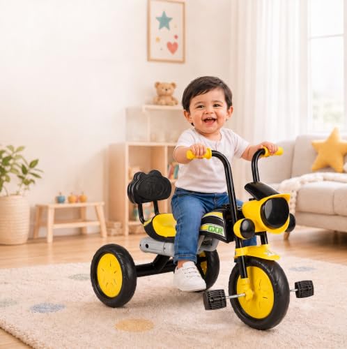 Image of GXR Tricycle for Kids 2 to 5 Years | Baby Cycle 2 to 5 Years | Baby Tricycle & 3 Wheeler Cycle for Kids with LED Headlight, Rhyme Music, EVA Wheels, Backrest & Steel Frame (Yellow)