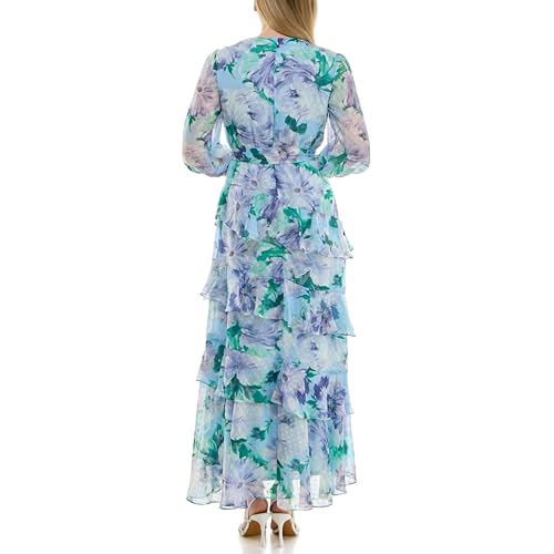 Image of Maison Tara Women's Sheer Long Sleeve V-Neck Floral Tiered Ruffle Wrap Maxi