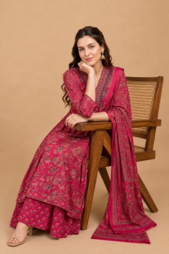 Image of Women's Rayon Printed Anarkali Kurta and Pant with Dupatta Set