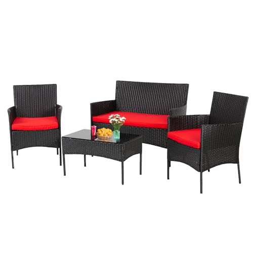 Image of PayLessHere Outdoor Furniture Set 4Pc Modular Patio Furniture Set Water Resistant Conversation Set with 3 Rattan Chairs 1 Tempered Glass Topped Table Seat Cushions for Patio Balcony Poolside, Red