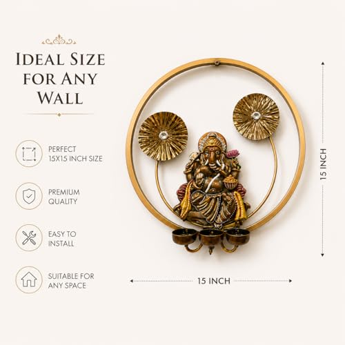Image of STREET CRAFT - Metal Ganesha Wall Hanging with Diya Stand Golden Ring Frame Spiritual Decorative Item for Home Temple Living Room Festive Use (Size 15x15 Inch)